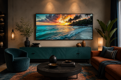 Tropical Beach Sunset Painting – Coastal Wall Art | Framed Canvas for Beach House Decor
