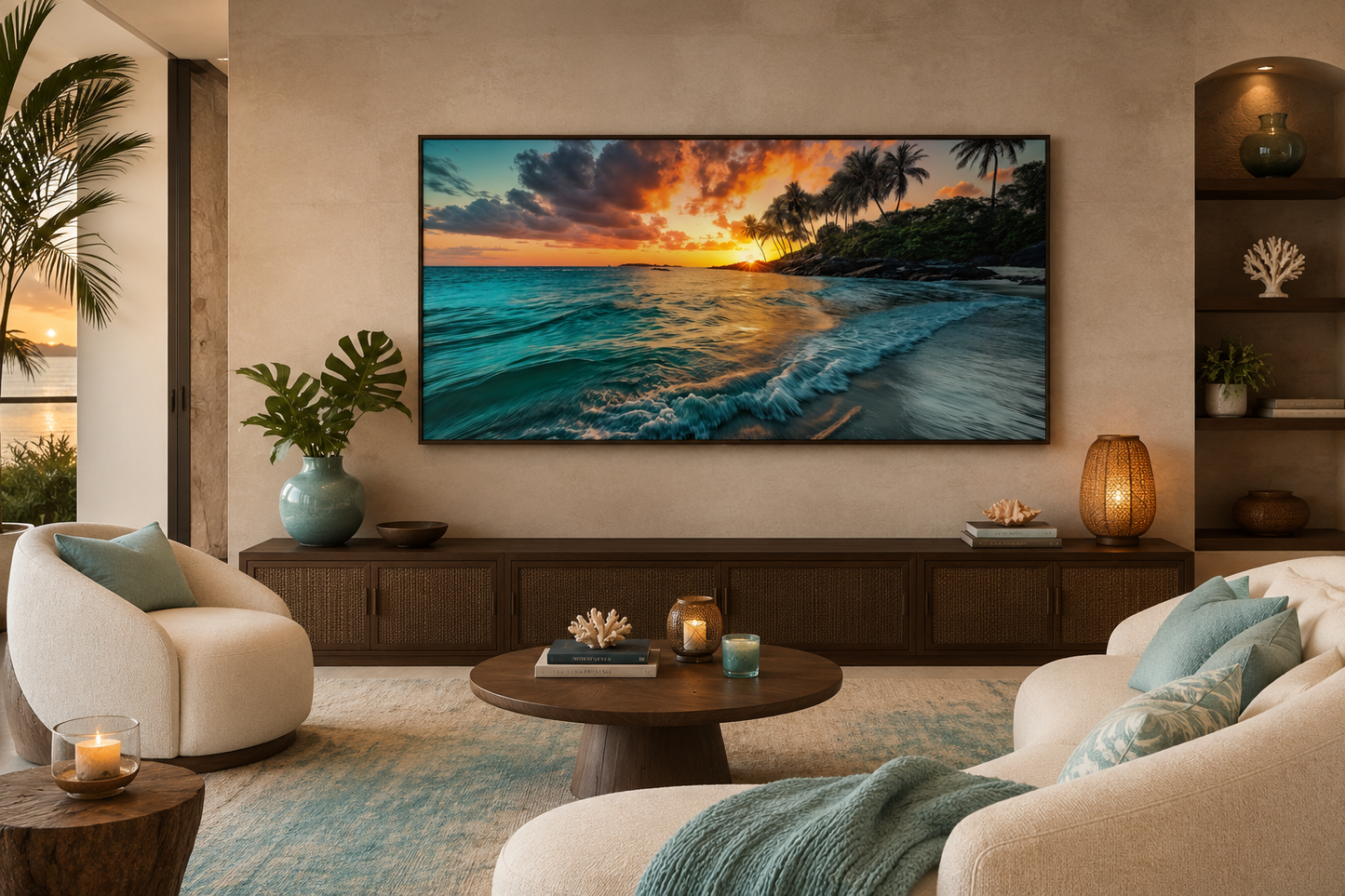 Tropical Beach Sunset Painting – Coastal Wall Art | Framed Canvas for Beach House Decor