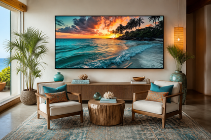 Tropical Beach Sunset Painting – Coastal Wall Art | Framed Canvas for Beach House Decor