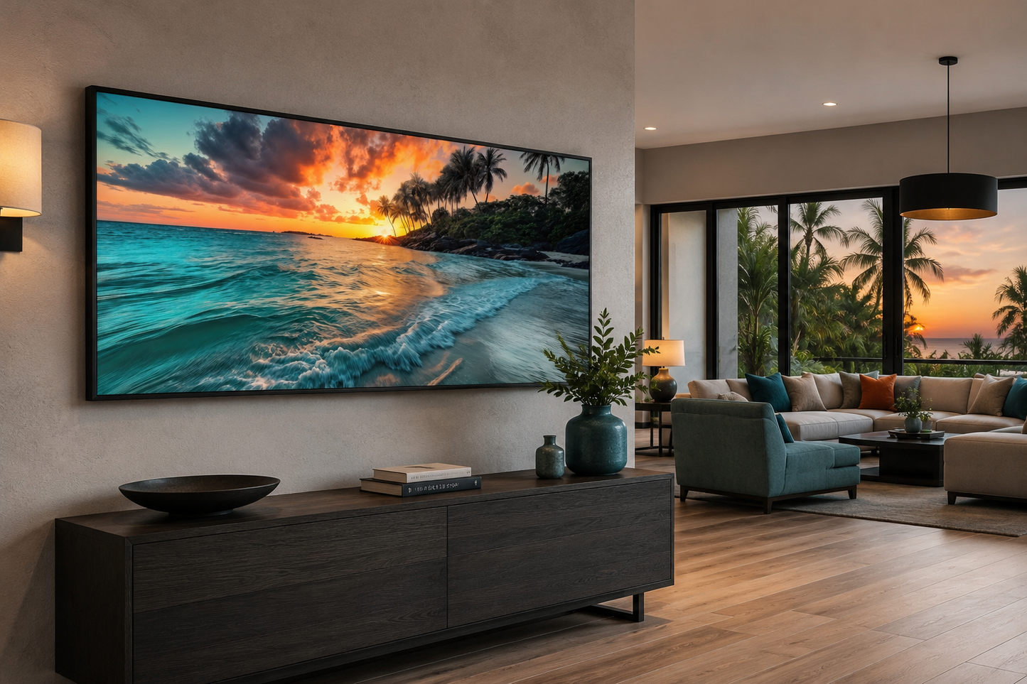 Tropical Beach Sunset Painting – Coastal Wall Art | Framed Canvas for Beach House Decor