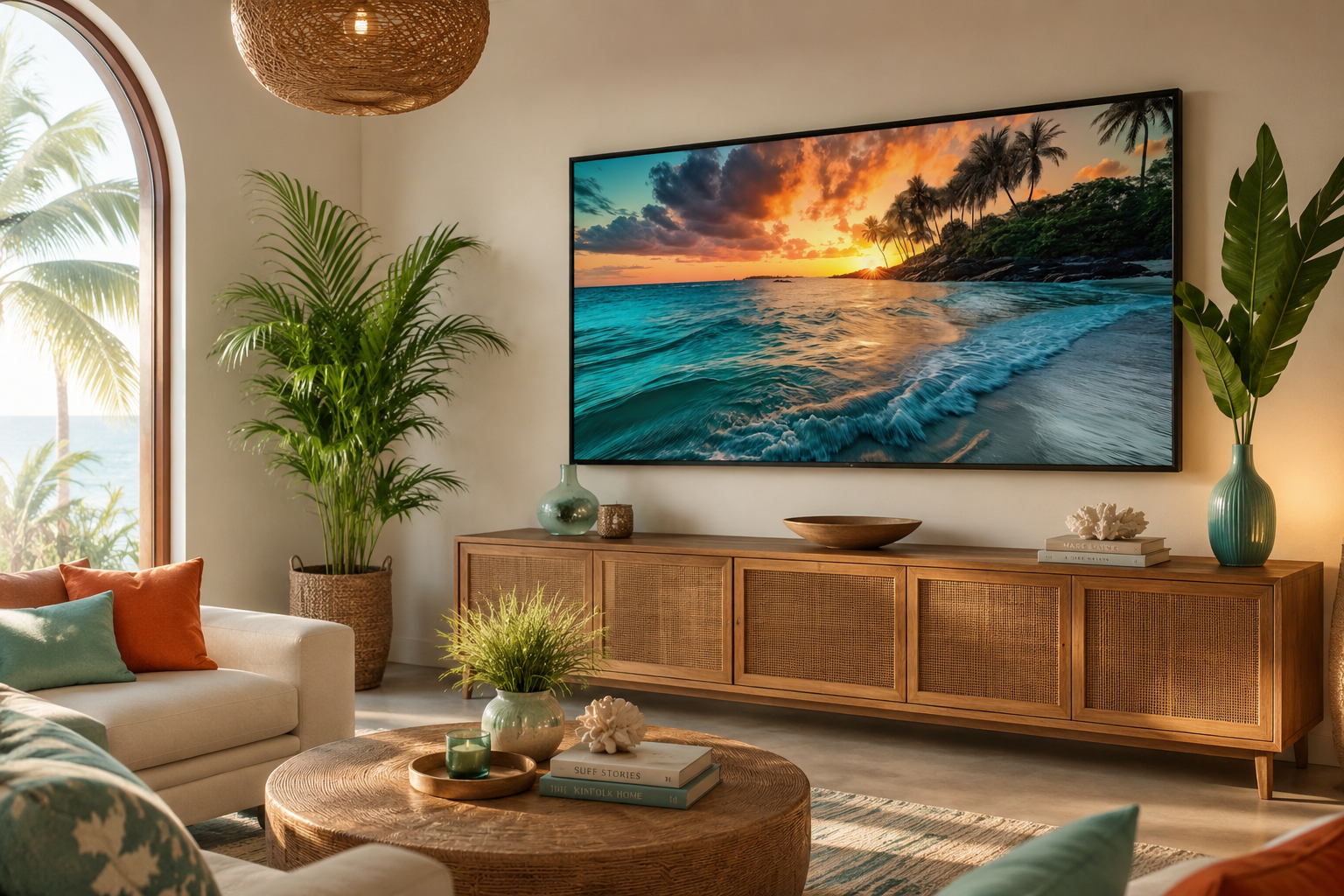Tropical Beach Sunset Painting – Coastal Wall Art | Framed Canvas for Beach House Decor