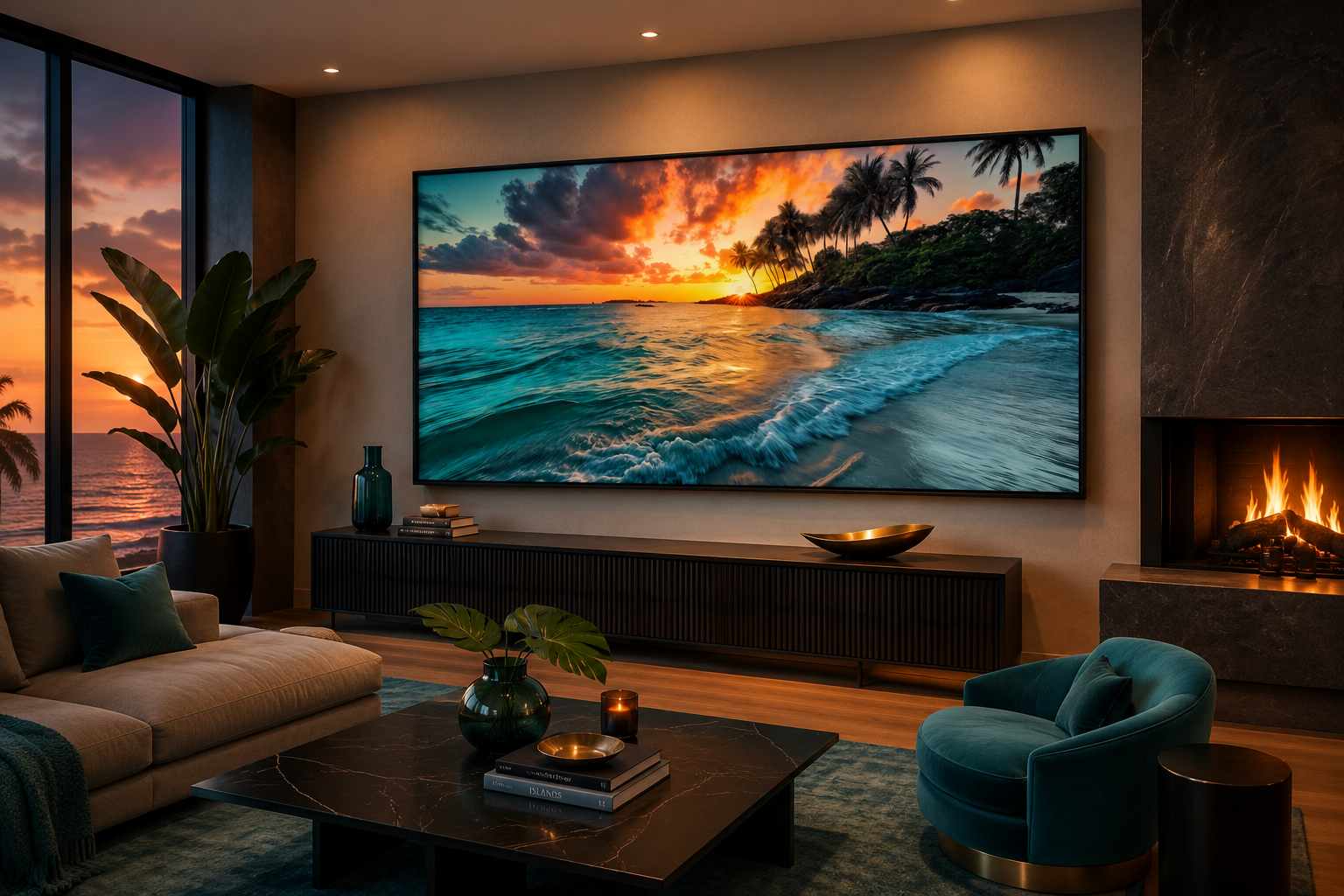 Tropical Beach Sunset Painting – Coastal Wall Art | Framed Canvas for Beach House Decor