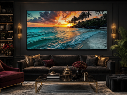 Tropical Beach Sunset Painting – Coastal Wall Art | Framed Canvas for Beach House Decor