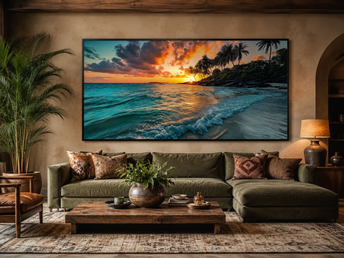 Tropical Beach Sunset Painting – Coastal Wall Art | Framed Canvas for Beach House Decor
