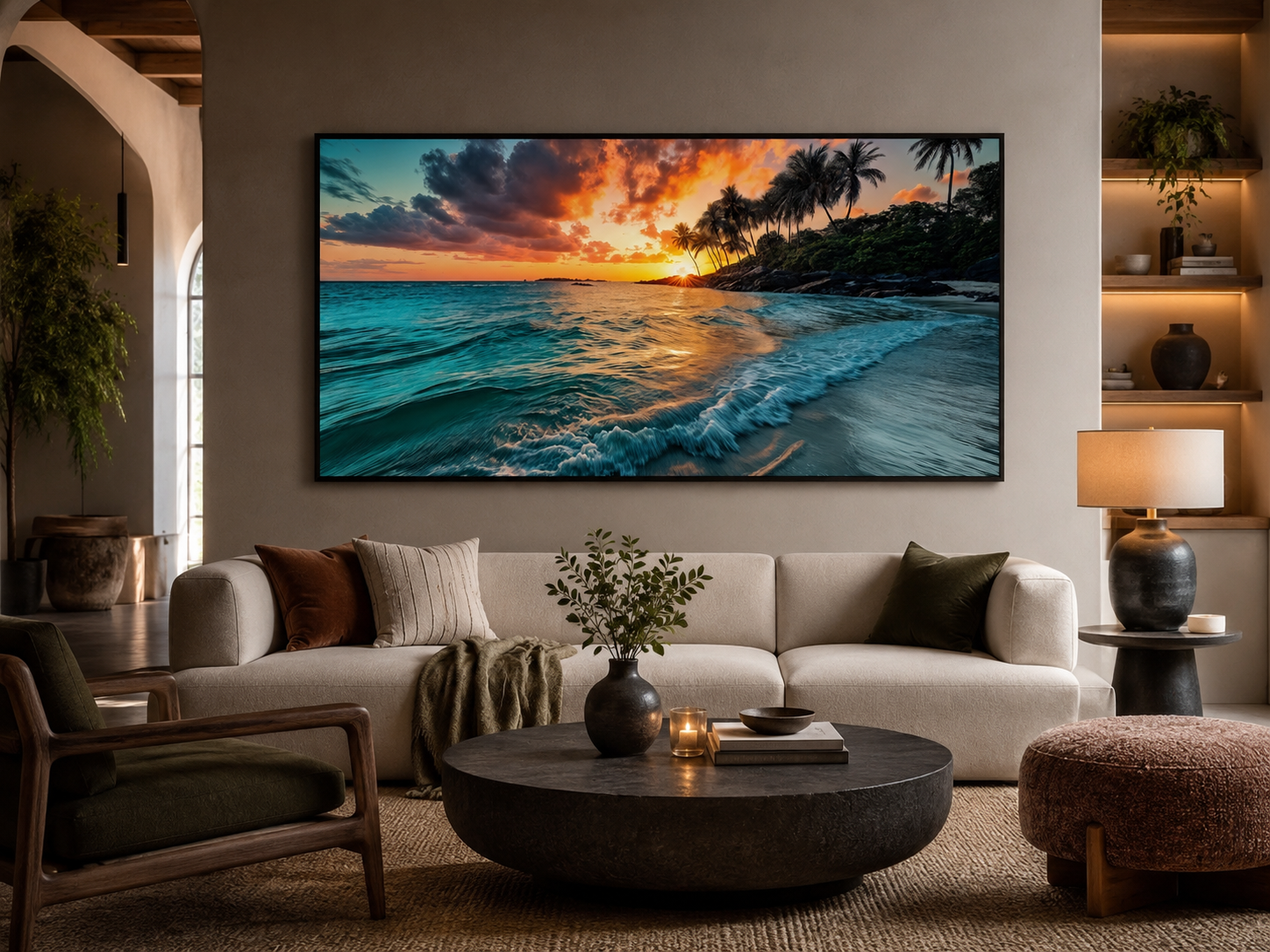 Tropical Beach Sunset Painting – Coastal Wall Art | Framed Canvas for Beach House Decor