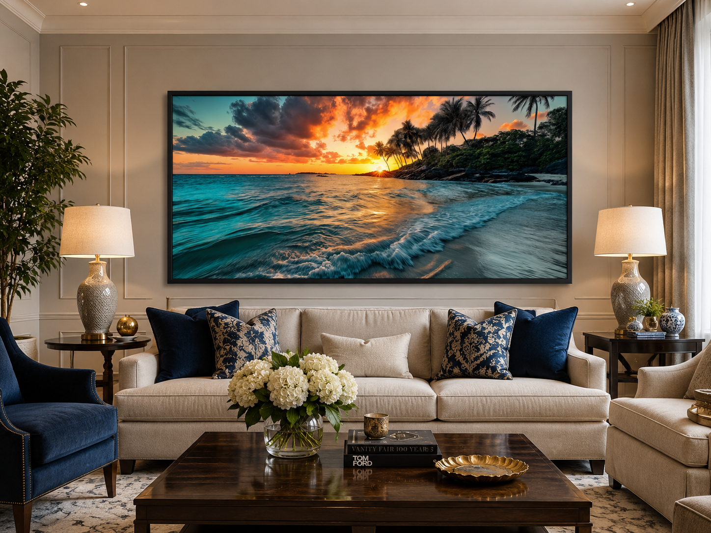 Tropical Beach Sunset Painting – Coastal Wall Art | Framed Canvas for Beach House Decor