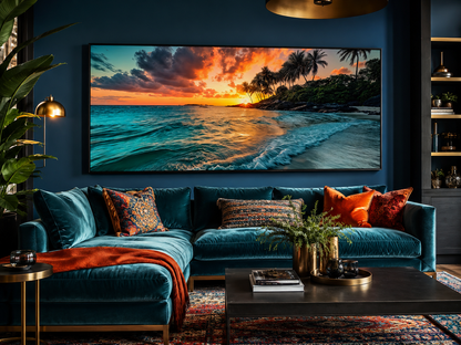 Tropical Beach Sunset Painting – Coastal Wall Art | Framed Canvas for Beach House Decor