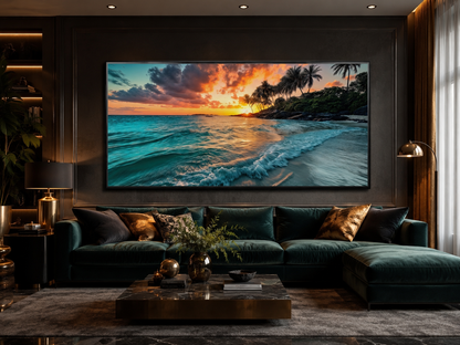 Tropical Beach Sunset Painting – Coastal Wall Art | Framed Canvas for Beach House Decor