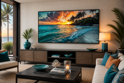 Tropical Beach Sunset Painting – Coastal Wall Art | Framed Canvas for Beach House Decor