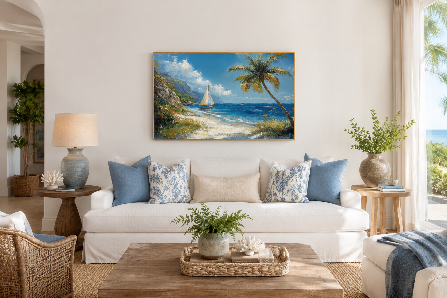 Tropical Beach With Sailboat And Palm Tree Coastal Framed Canvas Wall Art