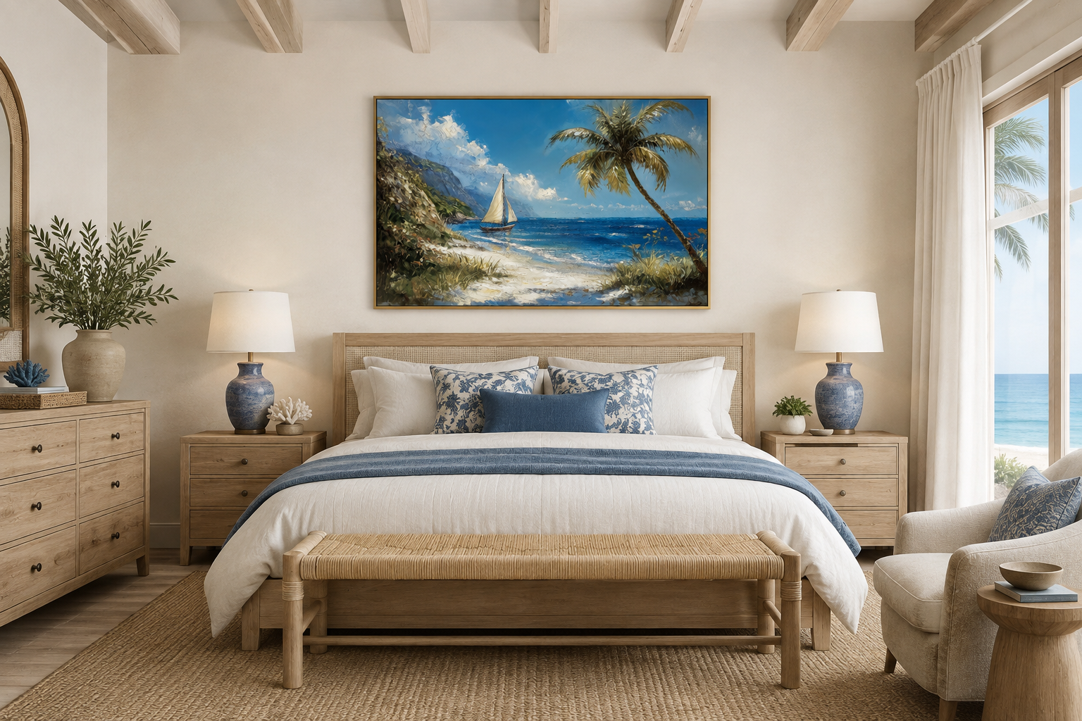Tropical Beach With Sailboat And Palm Tree Coastal Framed Canvas Wall Art