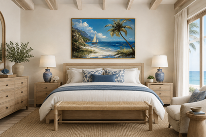 Tropical Beach With Sailboat And Palm Tree Coastal Framed Canvas Wall Art