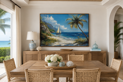 Tropical Beach With Sailboat And Palm Tree Coastal Framed Canvas Wall Art