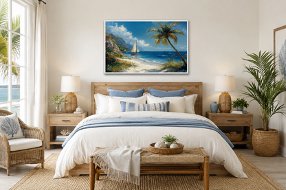 Tropical Beach With Sailboat And Palm Tree Coastal Framed Canvas Wall Art