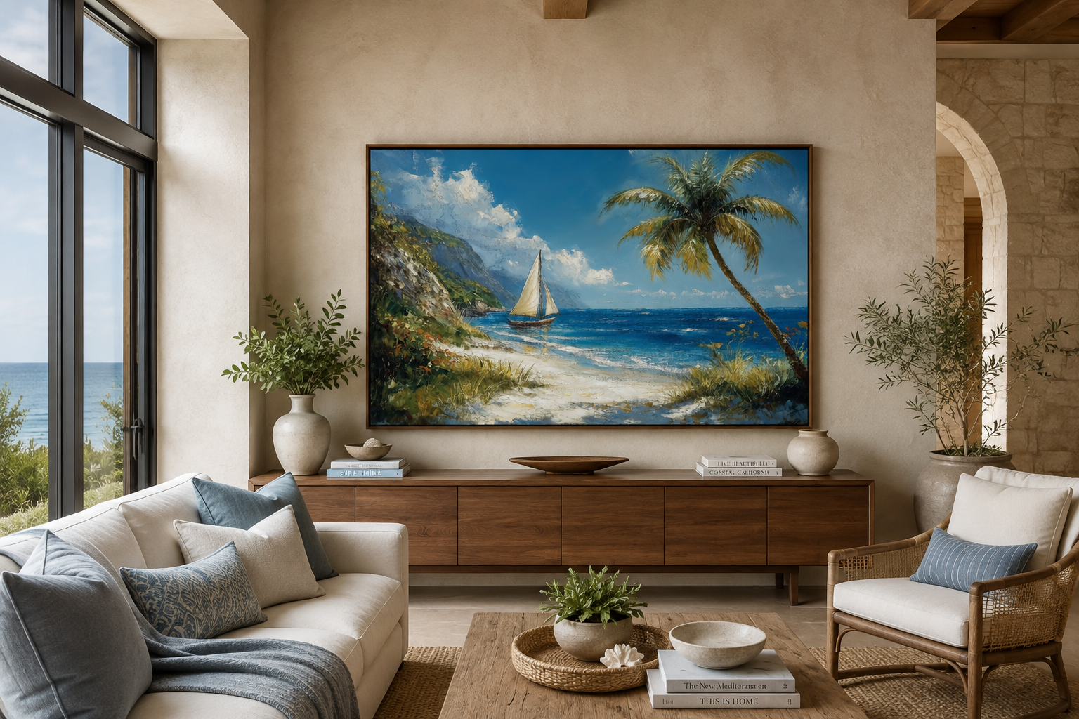 Tropical Beach With Sailboat And Palm Tree Coastal Framed Canvas Wall Art