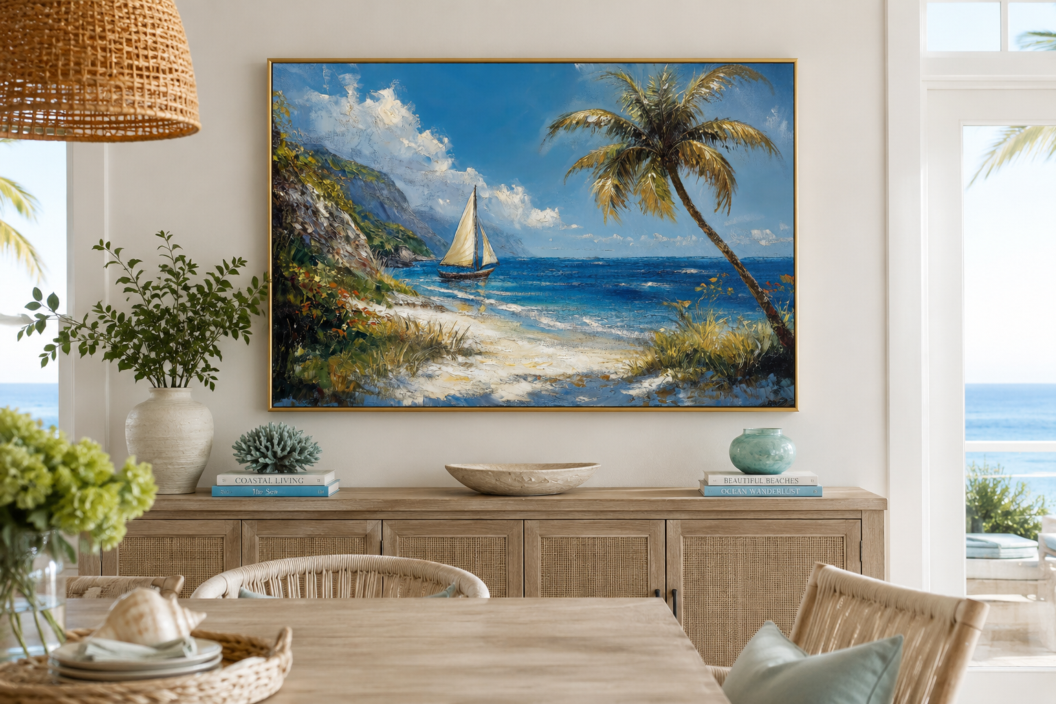 Tropical Beach With Sailboat And Palm Tree Coastal Framed Canvas Wall Art