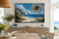 Tropical Beach With Sailboat And Palm Tree Coastal Framed Canvas Wall Art