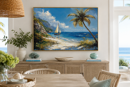 Tropical Beach With Sailboat And Palm Tree Coastal Framed Canvas Wall Art