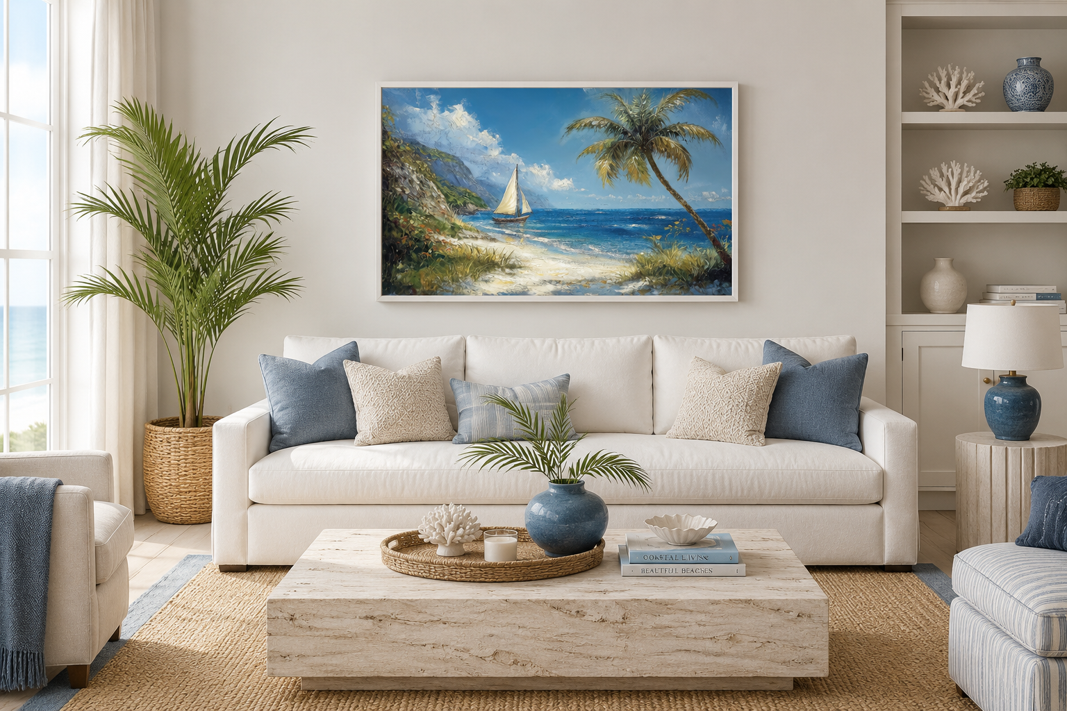 Tropical Beach With Sailboat And Palm Tree Coastal Framed Canvas Wall Art