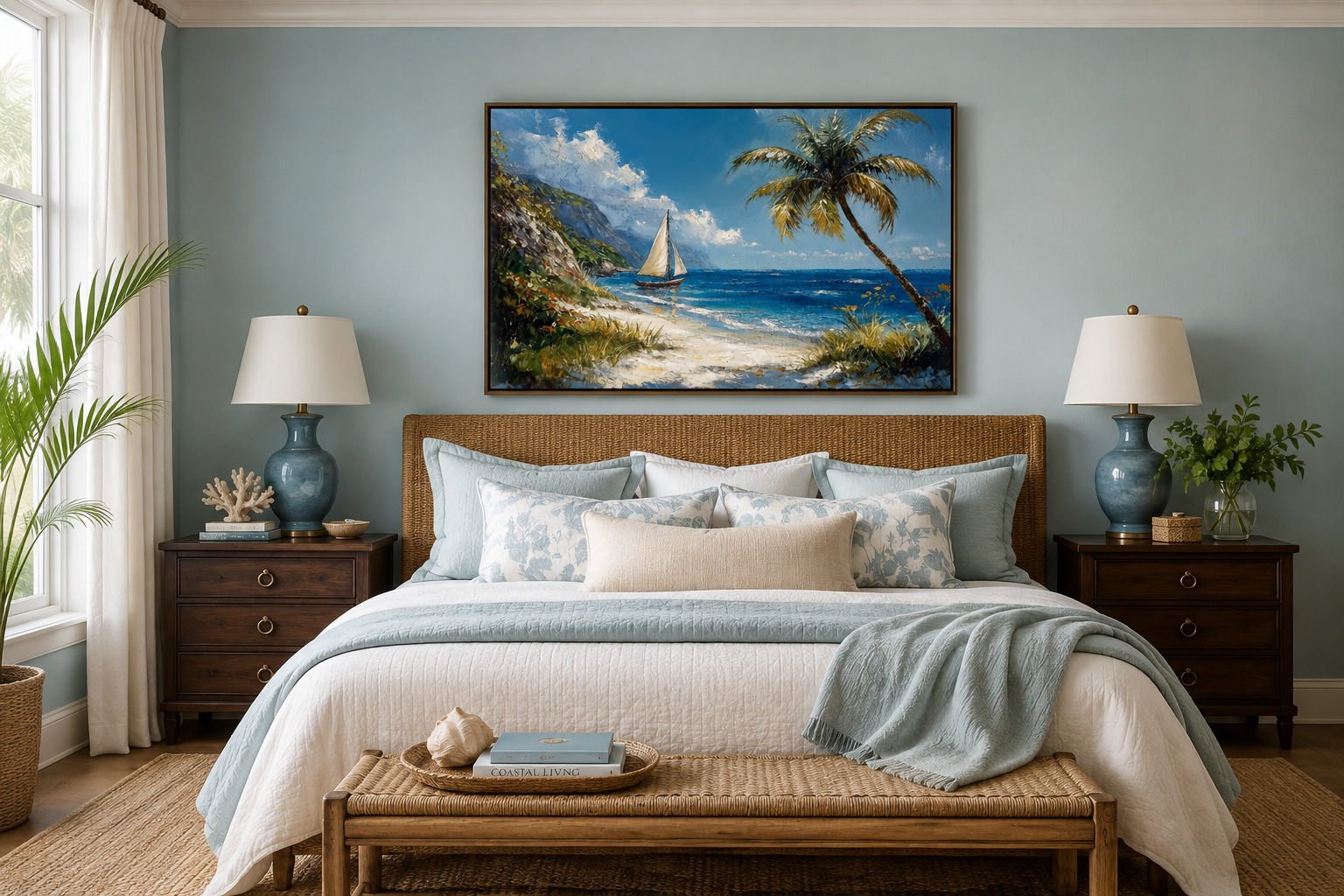 Tropical Beach With Sailboat And Palm Tree Coastal Framed Canvas Wall Art