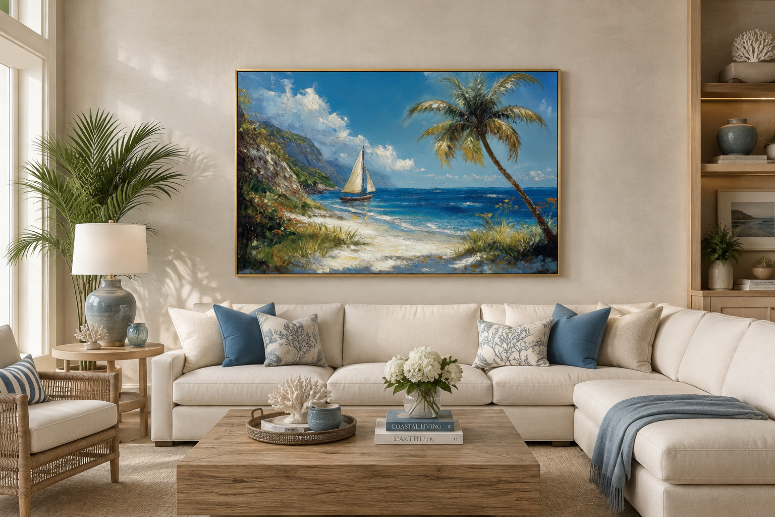Tropical Beach With Sailboat And Palm Tree Coastal Framed Canvas Wall Art