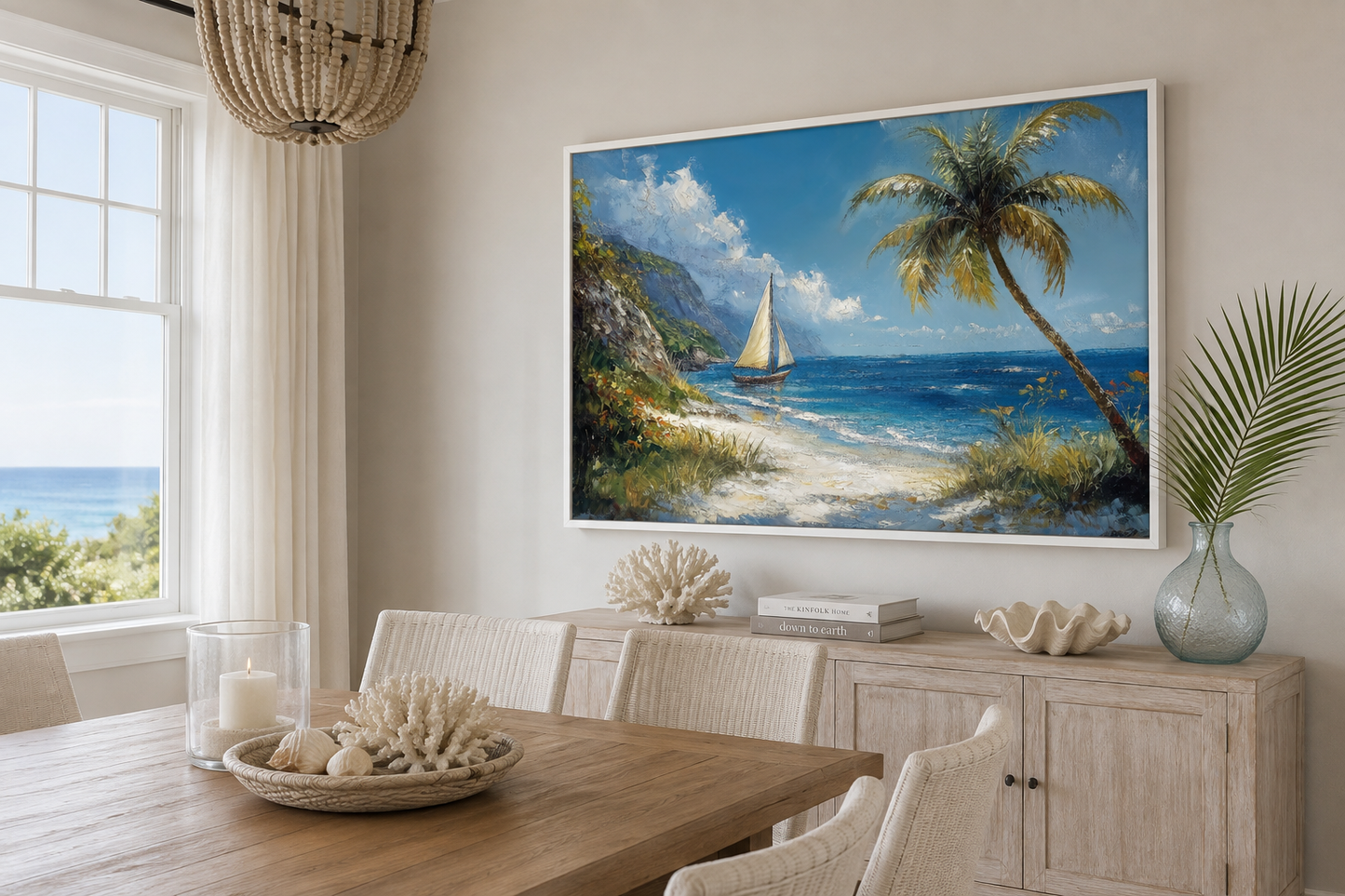 Tropical Beach With Sailboat And Palm Tree Coastal Framed Canvas Wall Art