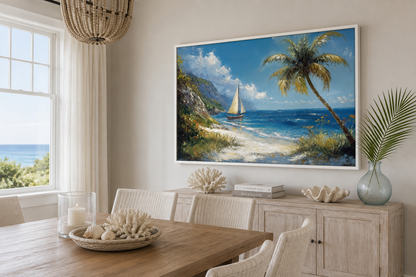 Tropical Beach With Sailboat And Palm Tree Coastal Framed Canvas Wall Art