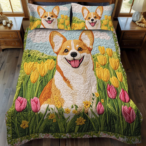 Tulip Bliss with Corgi 3-Piece Quilted Bedding Set - Single (59" x 70")