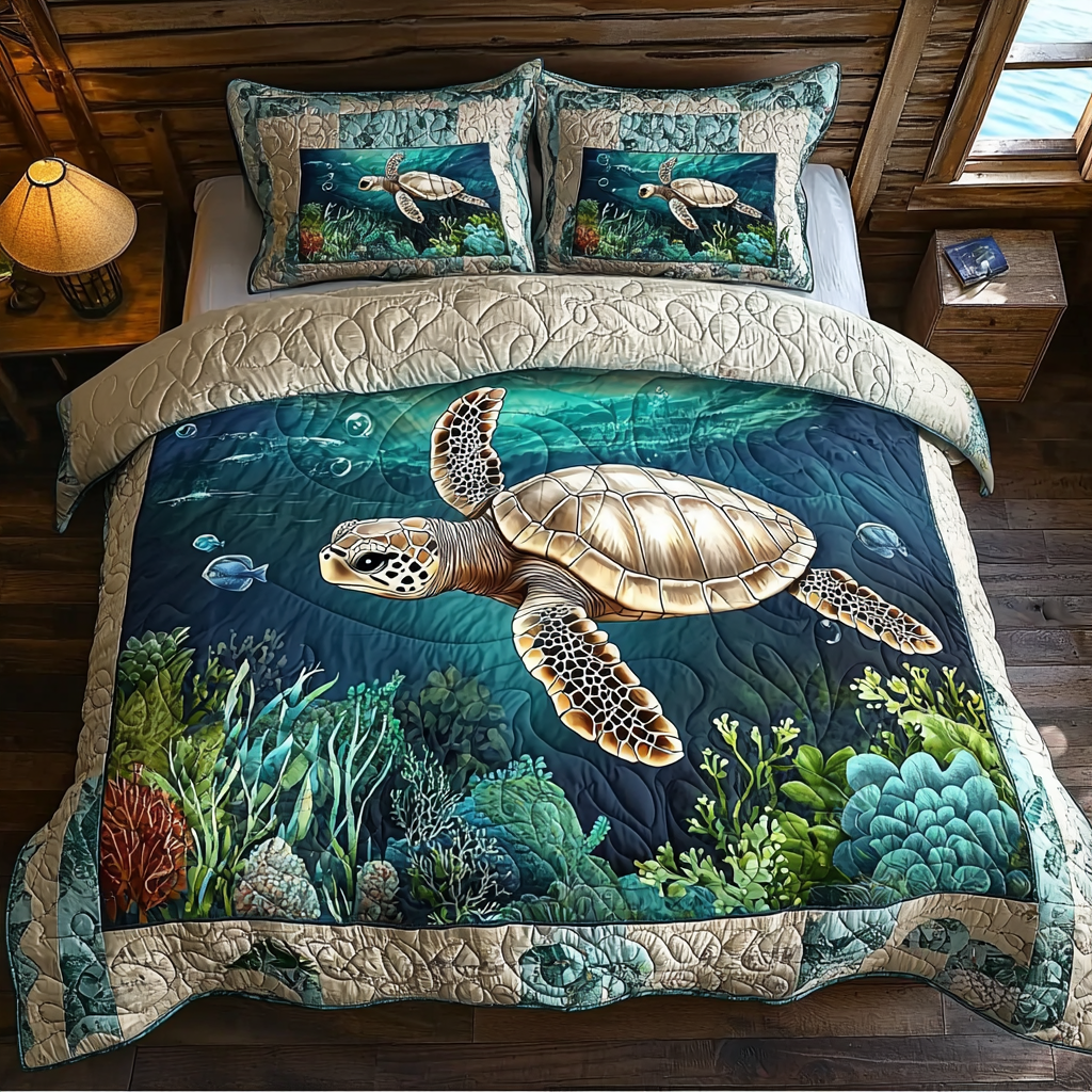 Turtle Wanders 3-Piece Quilted Bedding Set - Single (59" x 70")