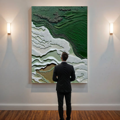 Man in a suit standing in front of a large abstract painting on a wall. Canvas Print: "Verdant Cliffs"
