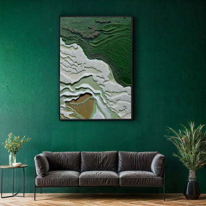 Gray sofa in a room with a green wall and decorative painting. Canvas Print: "Verdant Cliffs"