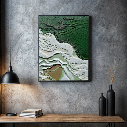 Framed abstract artwork on a textured wall with a wooden table and decorative items. Canvas Print: "Verdant Cliffs"