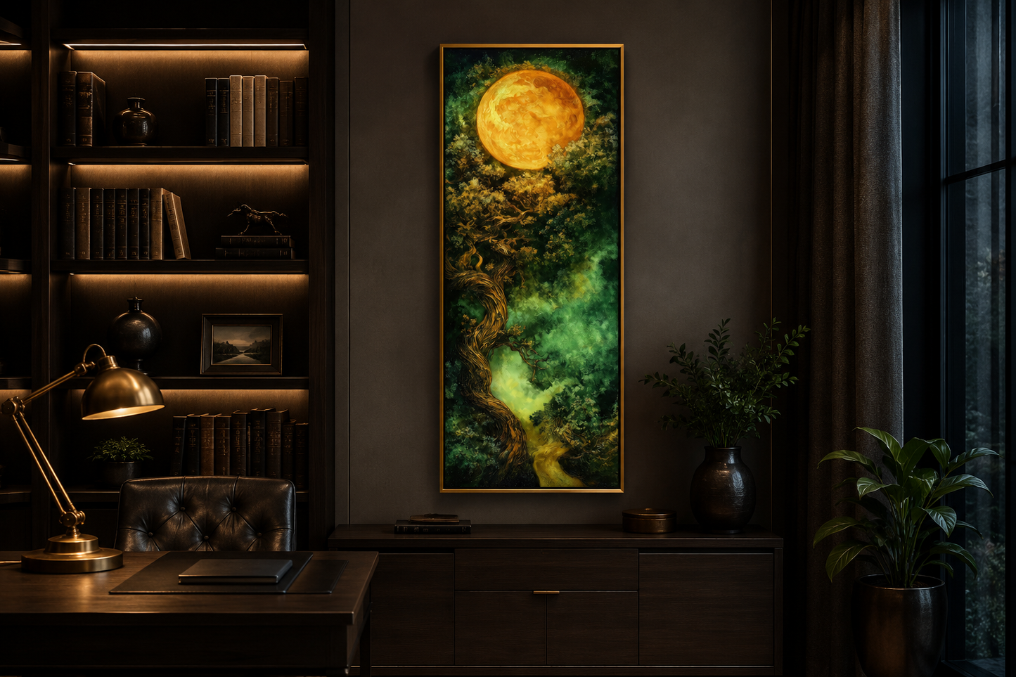 Green Celtic Tree Of Life And Moon Tall Narrow Vertical Framed Canvas Wall Art