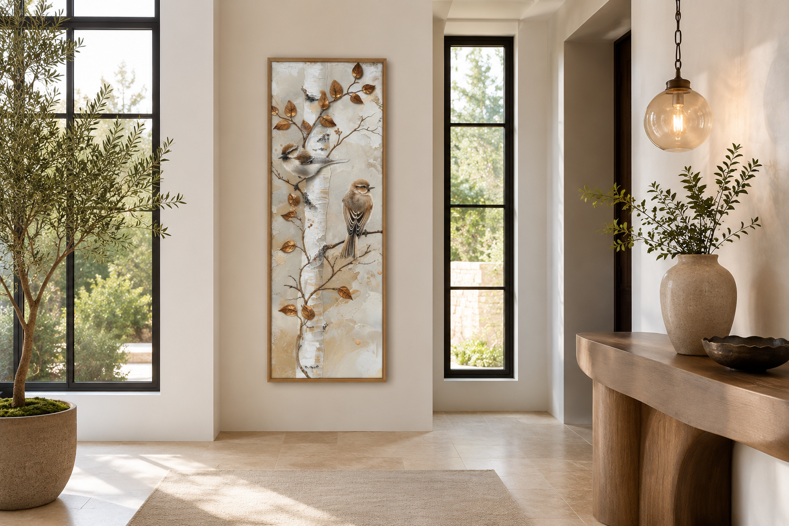 Birds on Birch Tree Long Narrow Vertical Wall Art