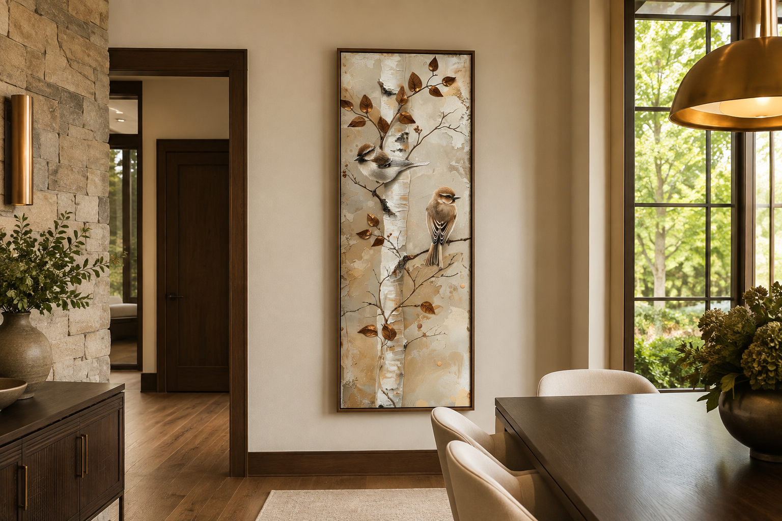 Birds on Birch Tree Long Narrow Vertical Wall Art