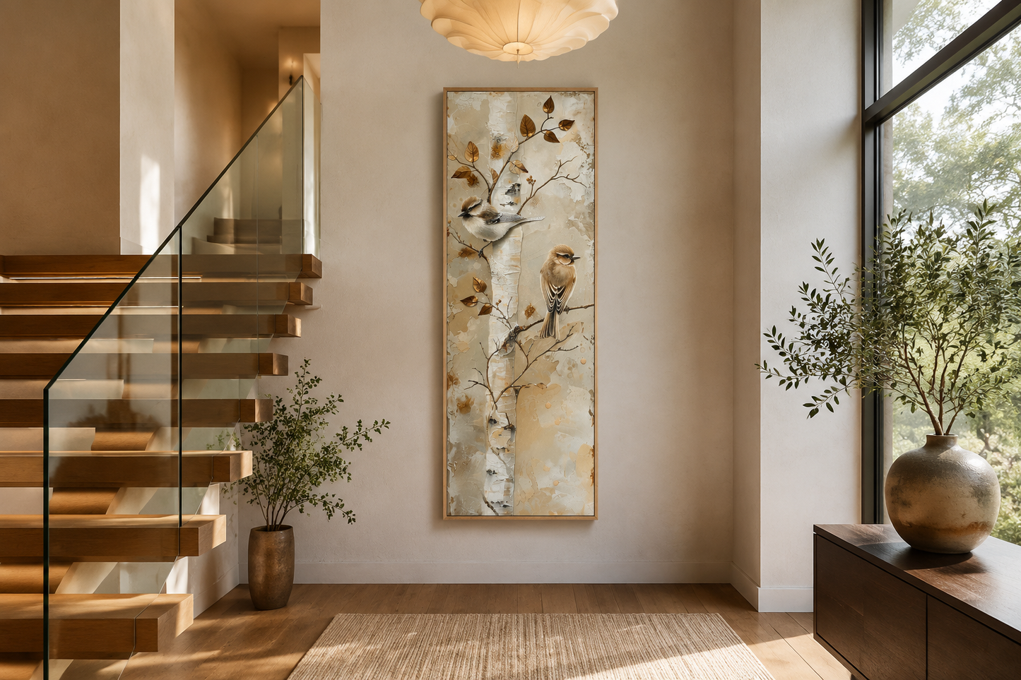 Birds on Birch Tree Long Narrow Vertical Wall Art