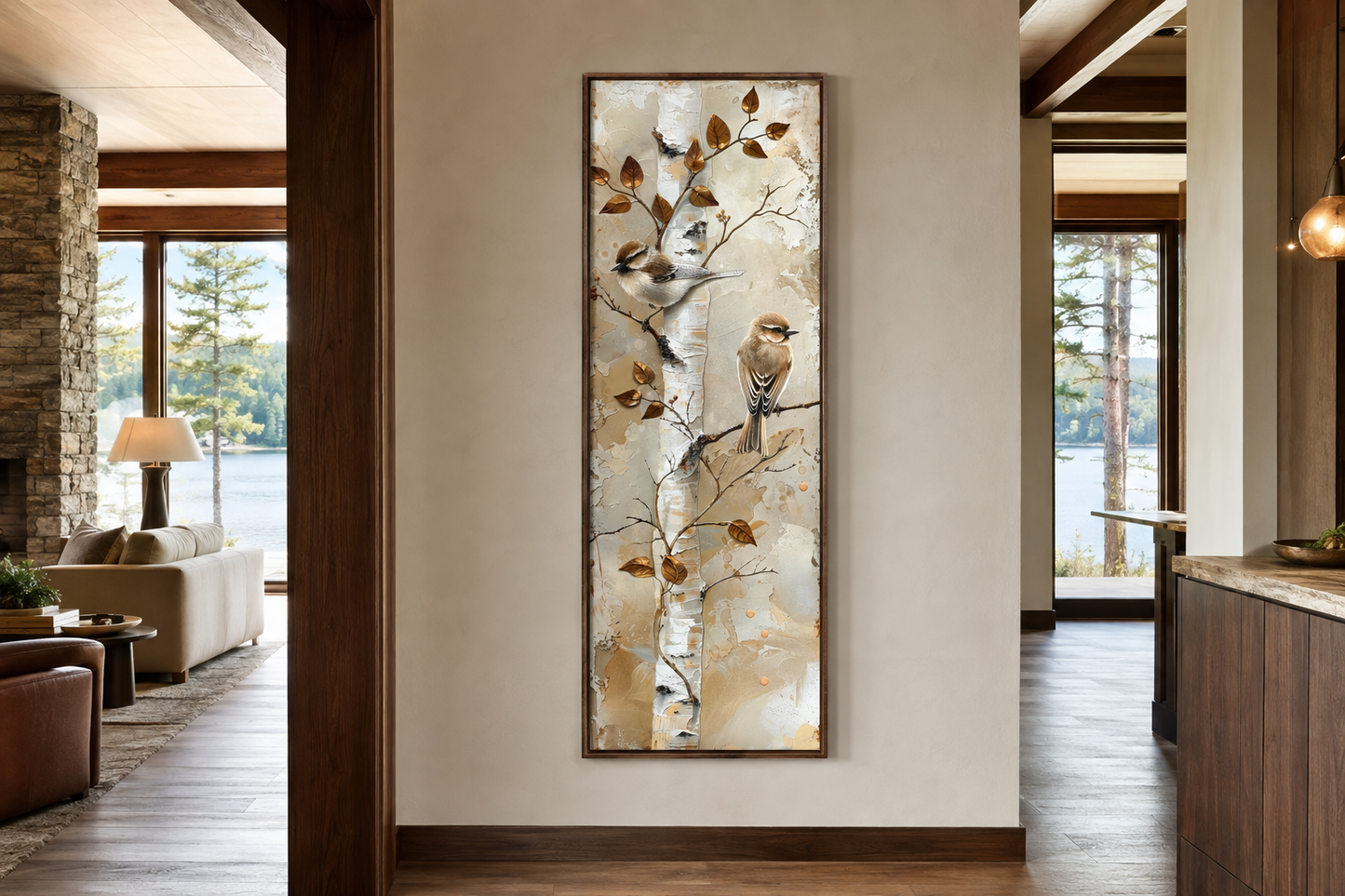 Birds on Birch Tree Long Narrow Vertical Wall Art
