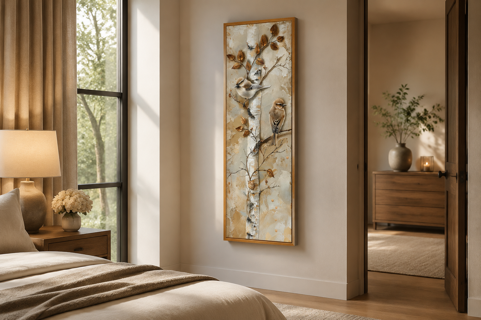 Birds on Birch Tree Long Narrow Vertical Wall Art