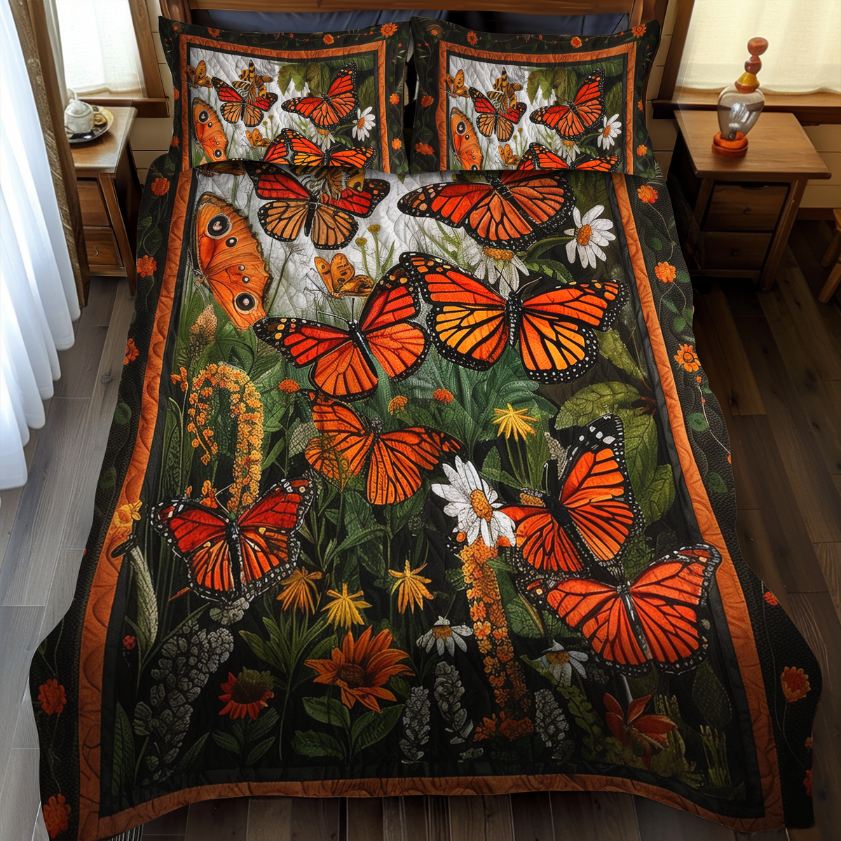 Vibrant Monarch Butterflies 3-Piece Quilted Bedding Set - Single (59" x 70")