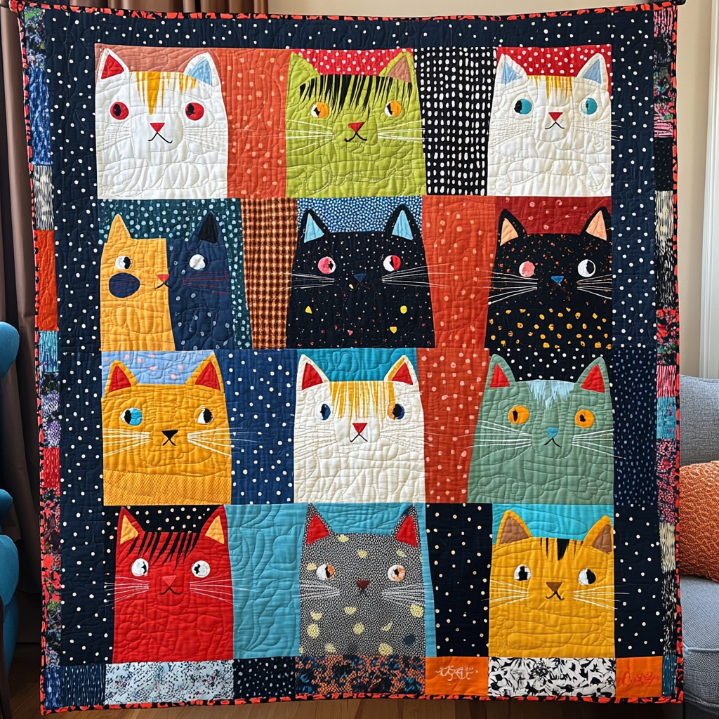 Vibrant Cat-Themed Quilted Blanket - Throw (55" x 60")
