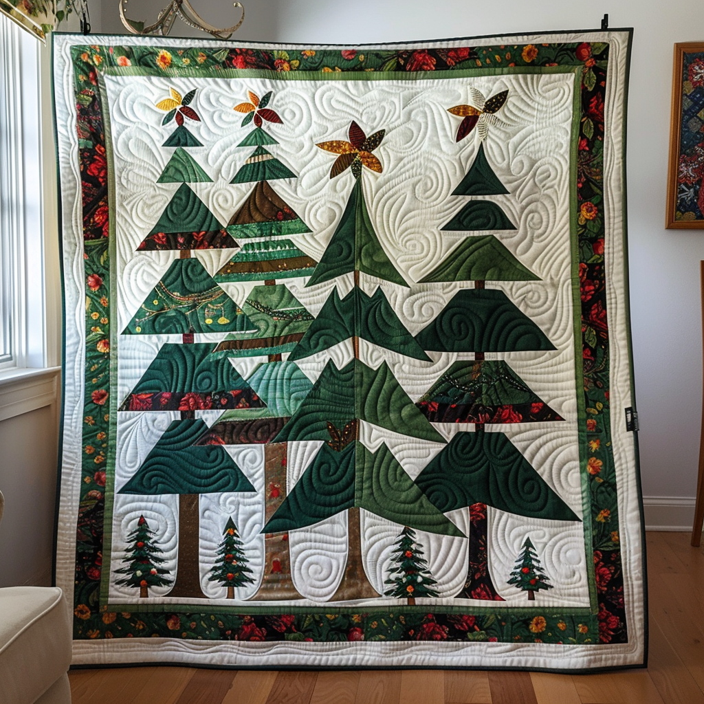 Vibrant Christmas Tree Quilted Blanket - Throw (55" x 60")
