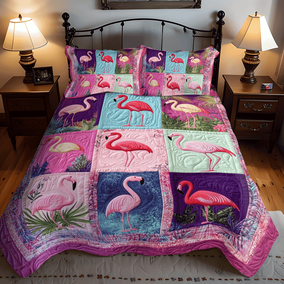 Vibrant Flamingo Tropics 3-Piece Quilted Bedding Set - Single (59" x 70")