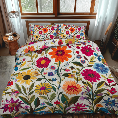 Vibrant Flowers 3-Piece Quilted Bedding Set - Single (59" x 70")
