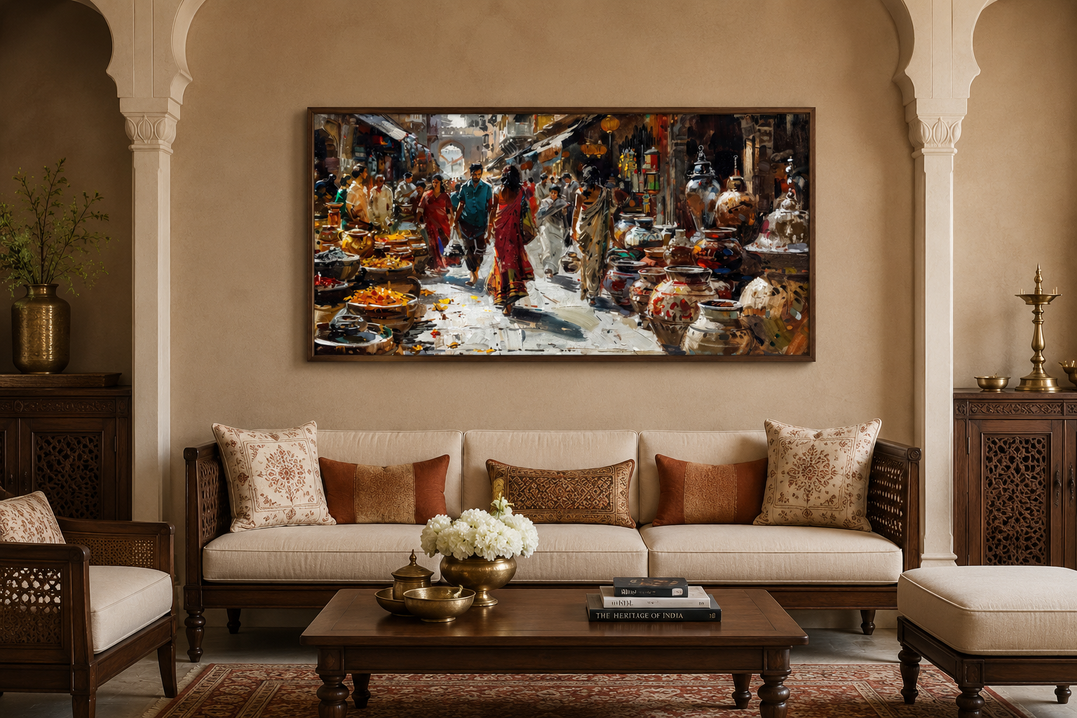 Indian Market Painting - Vibrant Bazaar Wall Art | Framed Canvas Decor