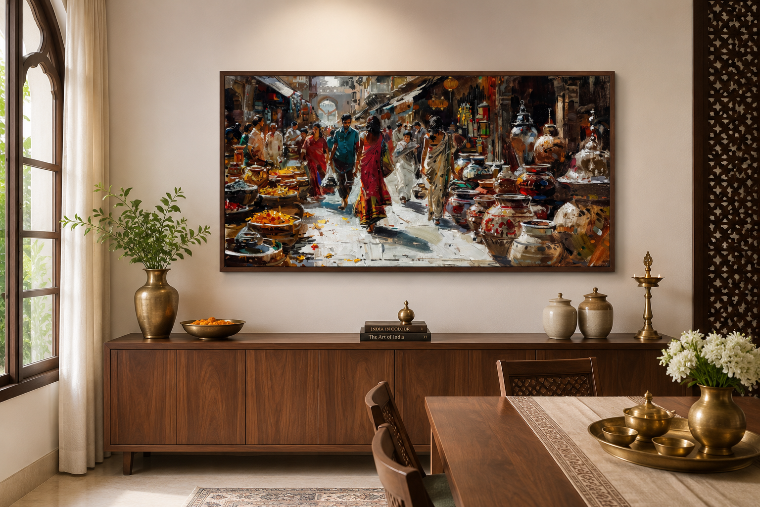 Indian Market Painting - Vibrant Bazaar Wall Art | Framed Canvas Decor