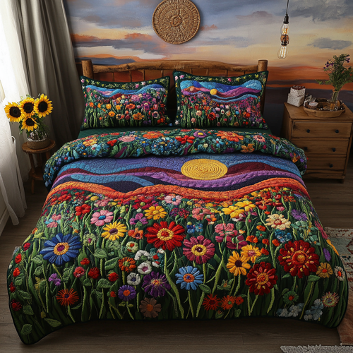 Vibrant Meadows 3-Piece Quilted Bedding Set - Single (59" x 70")