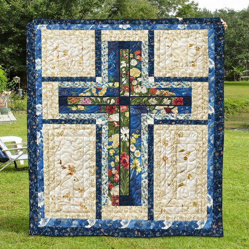 Vintage Christian Cross Quilted Blanket - Throw (55" x 60")