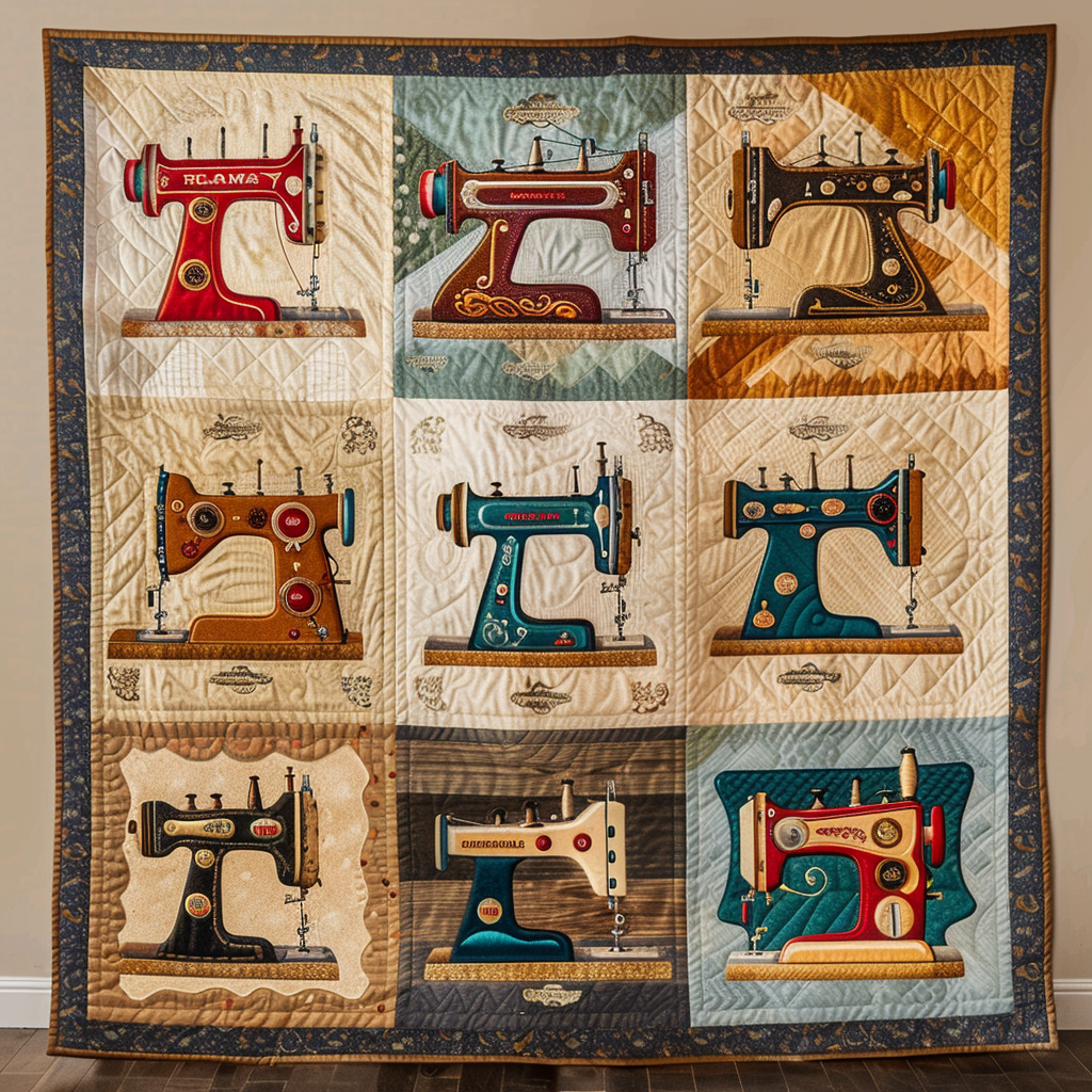 Vintage Sewing Machine Quilted Blanket - Throw (55" x 60")