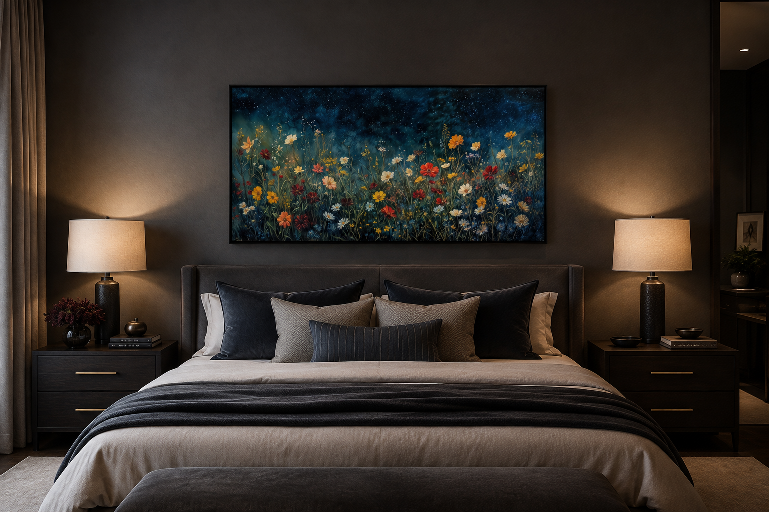 Dark Wildflowers Field Night Sky Painting Framed Canvas Wall Art
