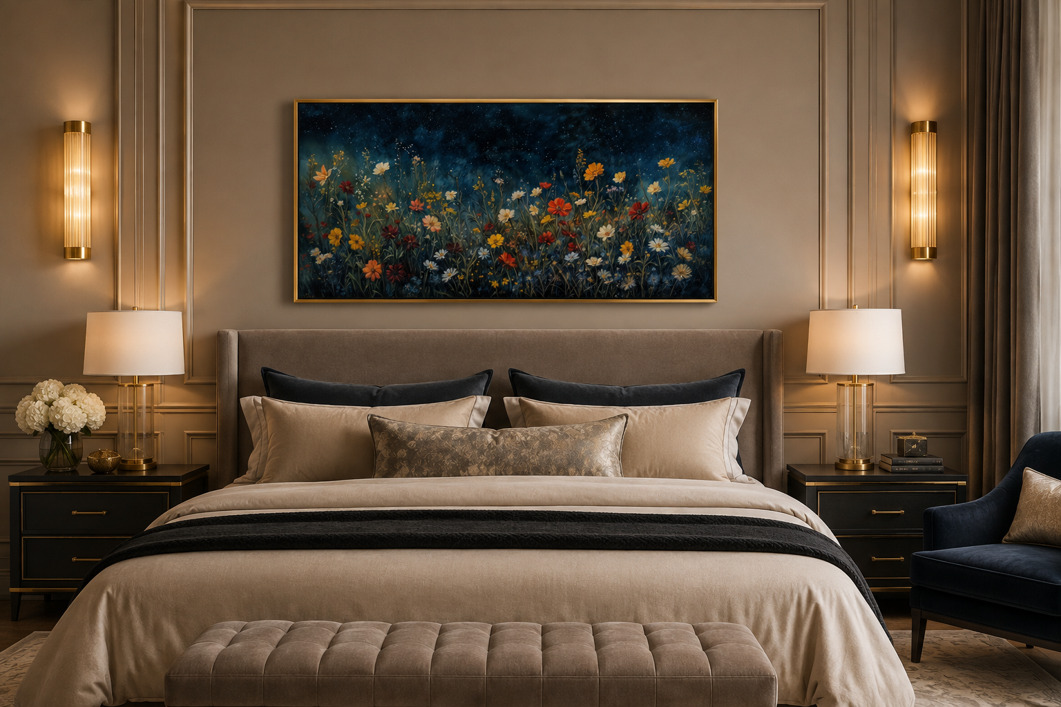 Dark Wildflowers Field Night Sky Painting Framed Canvas Wall Art